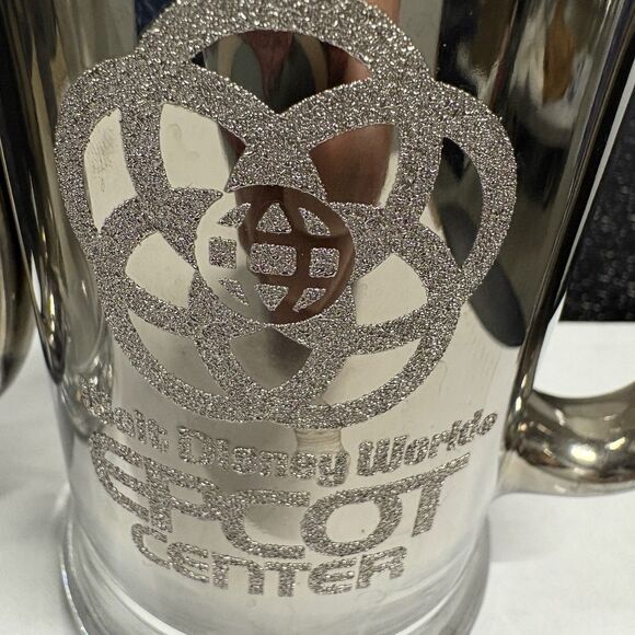 Set 2 Vintage EPCOT Center Disney World Mugs Chrome Mirror Logo Glitter Clean - Picture 2 of 7